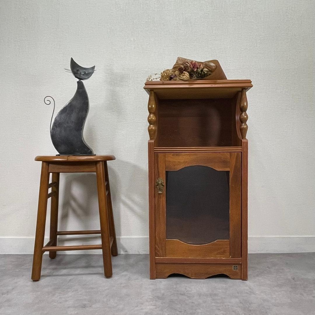 ヴィンテージ 木製 電話台 ガラス扉 キャビネット 飾り棚 花台 収納棚 レトロ