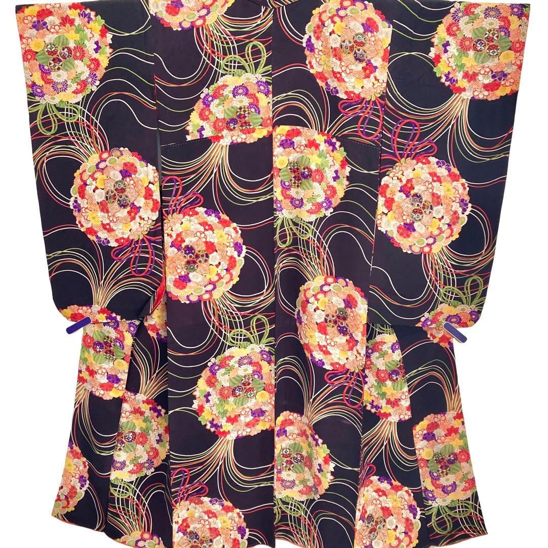 黒紫色 アンティーク 花薬玉 ジュニア 十三詣り アンティーク着物 NO560