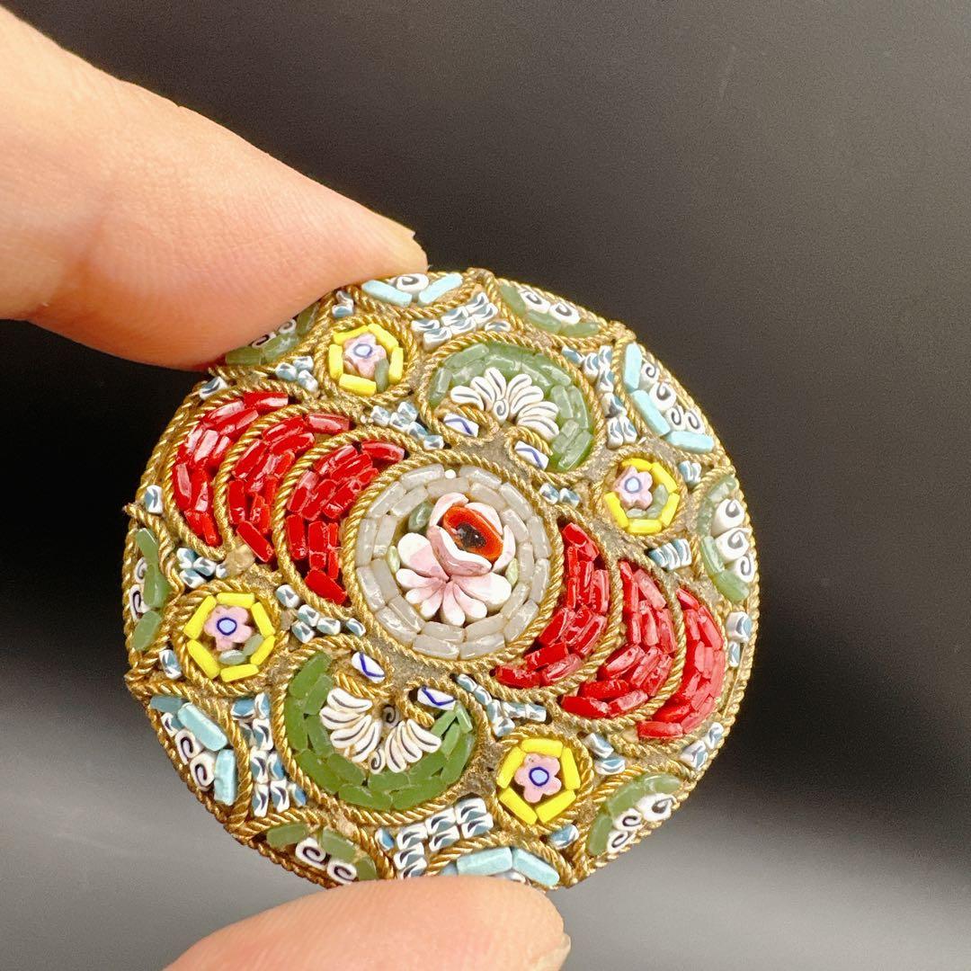 【vintage】イタリア製　マイクロモザイク　ブローチ　フラワー　微細デザイン