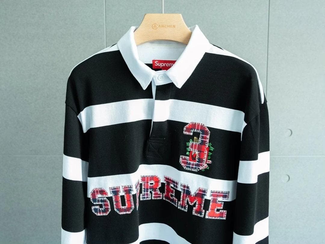 美品Supreme ラガーシャツ M 黒/白 ストライプ