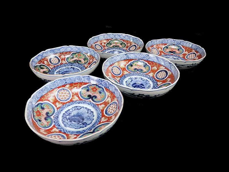 大聖寺伊万里　花に唐獅子　丸紋に金唐草の図　膾皿　５客　B225 AS-CGc