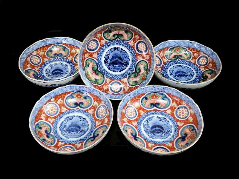 大聖寺伊万里　花に唐獅子　丸紋に金唐草の図　膾皿　５客　B225 AS-CGc