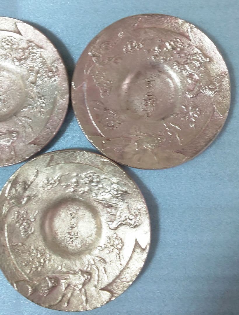 銅製茶托五客 陽咸二作 獅子魚鶴図 煎茶道具 煎茶器 銅茶托