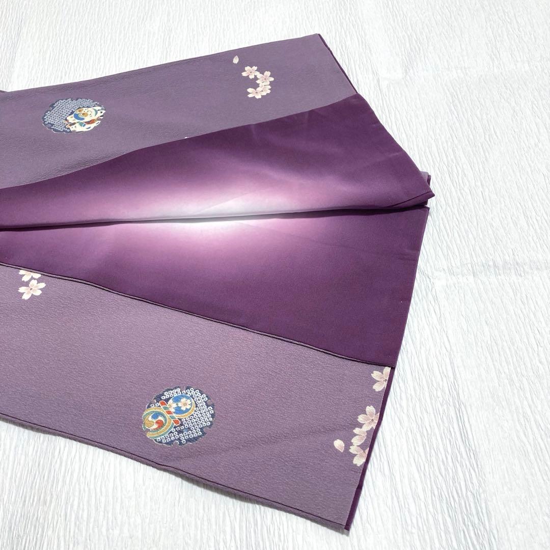 【美品✨】東レシルック　洗える着物　小紋　くすみの紫色　桜　雪輪に狛犬　駒　P5