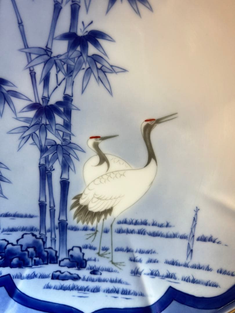 1471  希少　深川製磁　窓絵竹に鶴　八方割飾皿　皿立て付　未使用