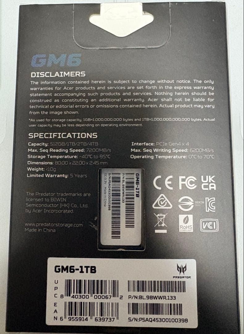 【新品　未開封】内蔵SSD　Acer Predator GM6 1TB SSD