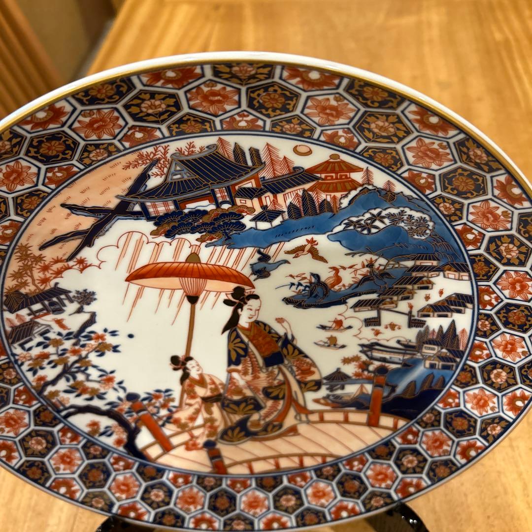 有田焼　松右衛門　古伊万里　飾り皿大皿色絵傘 美人文大皿　近江八景之　箱皿立付