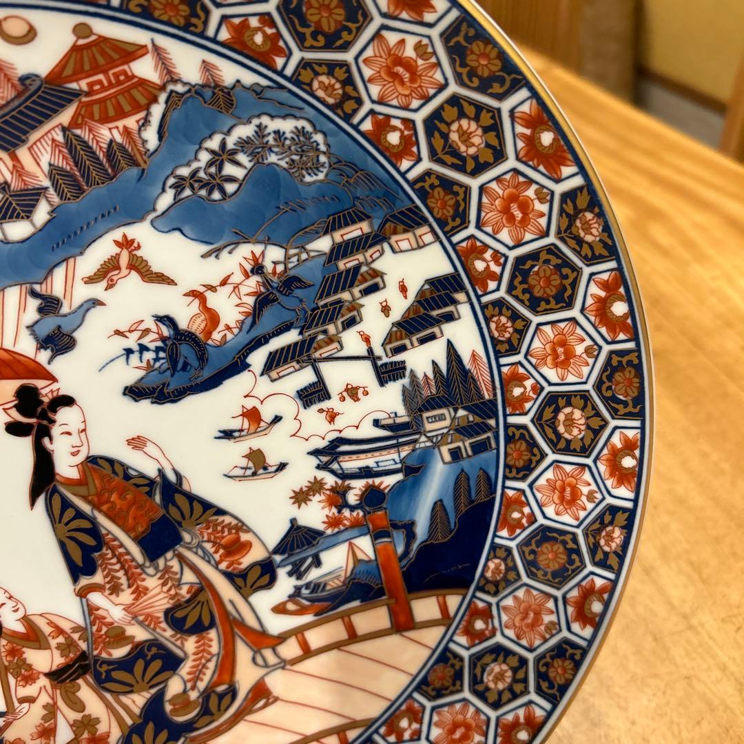 有田焼　松右衛門　古伊万里　飾り皿大皿色絵傘 美人文大皿　近江八景之　箱皿立付