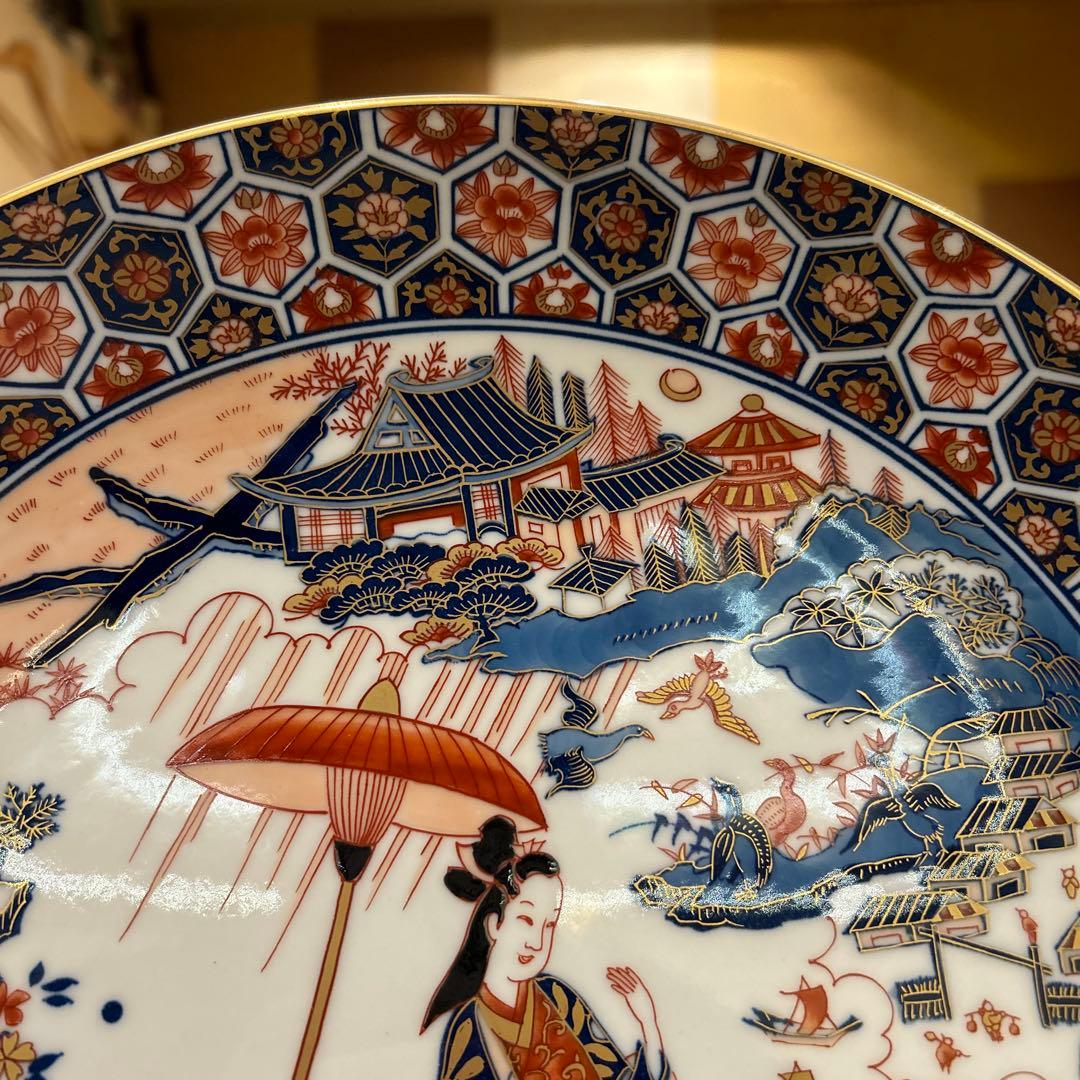有田焼　松右衛門　古伊万里　飾り皿大皿色絵傘 美人文大皿　近江八景之　箱皿立付