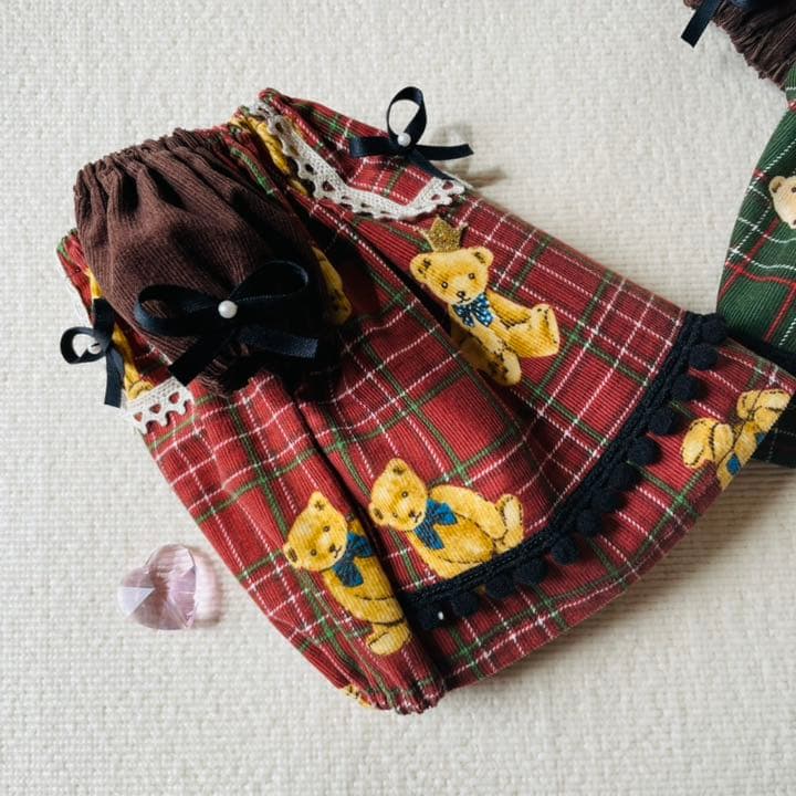 コールテンテディベア　赤チェック　犬服ハンドメイド　犬の洋服