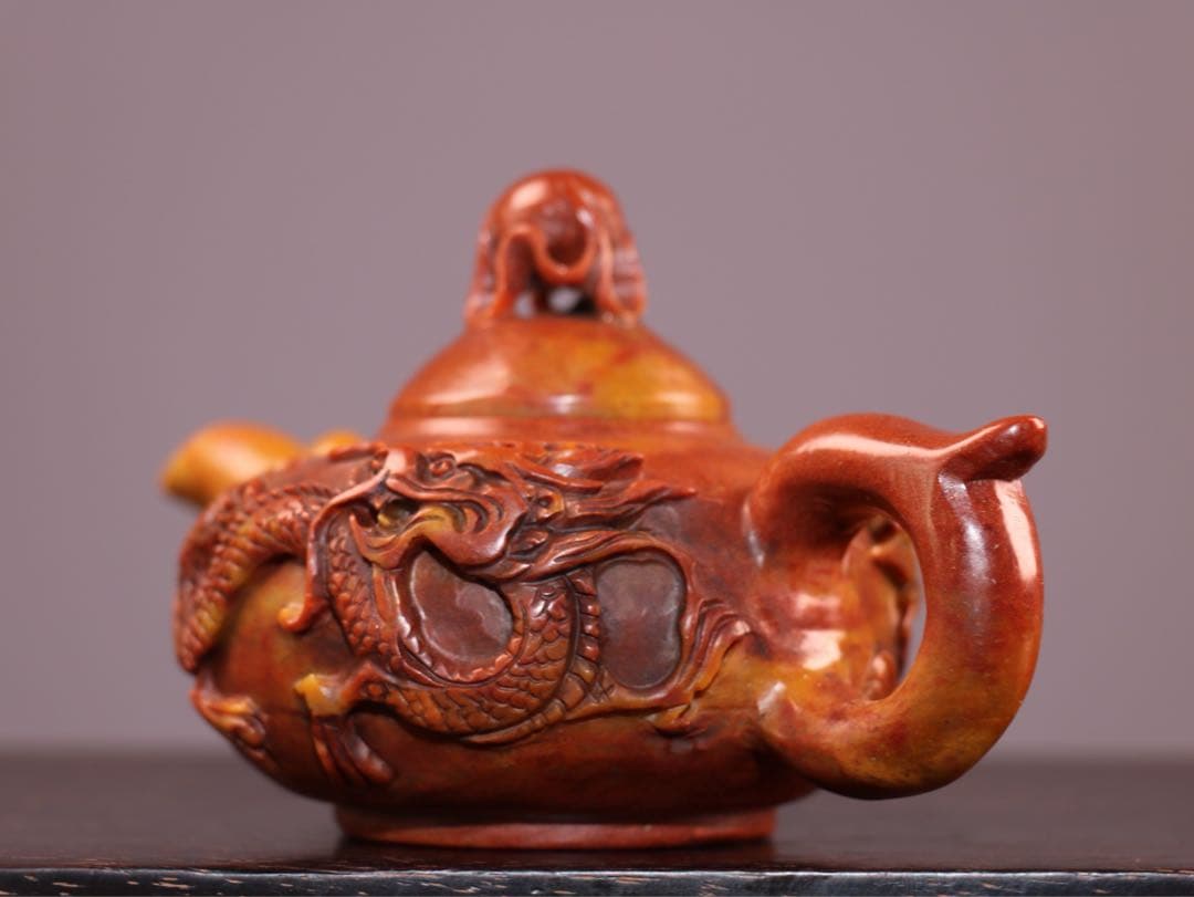 時代物　雙龍 天然　寿山石 急須· 茶壺 極細工彫刻　置物　逸品　インテリア