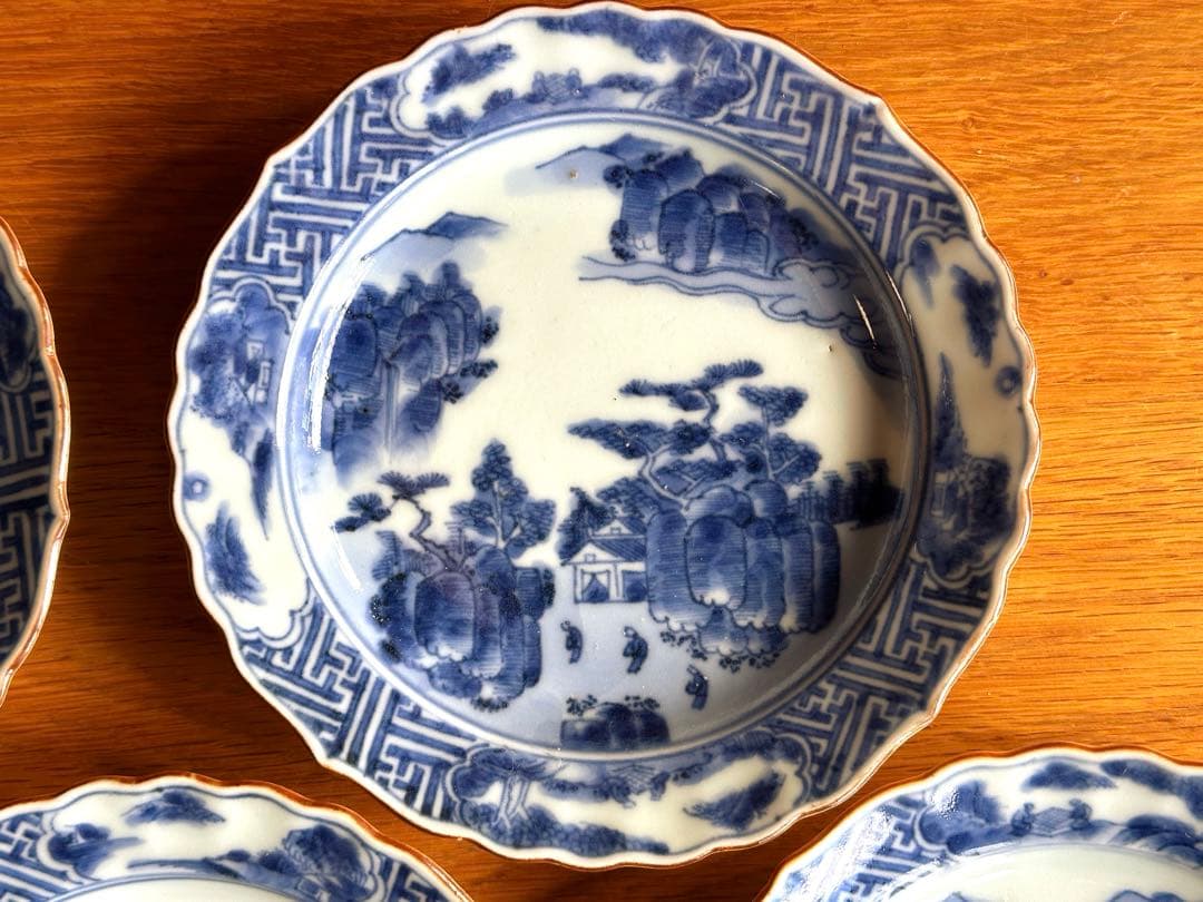 古伊万里　祥瑞　呉須　染付　山水人物紋　向付　5客セット　中皿　銘々皿