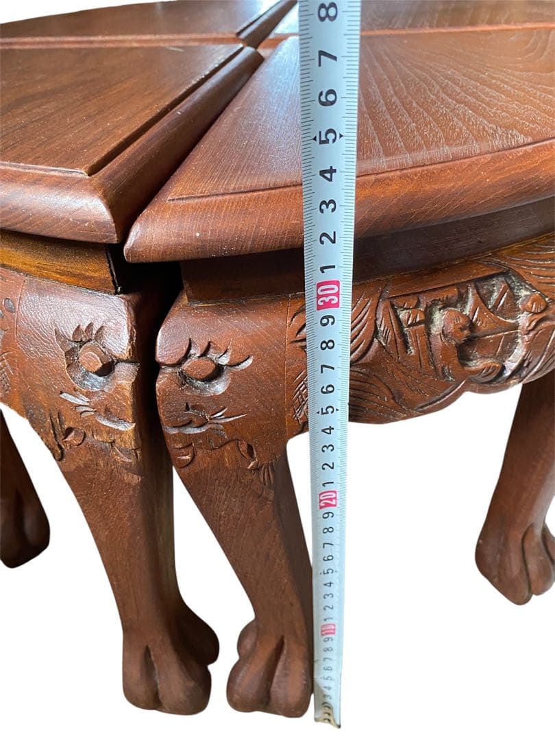 アジアン アンティーク 彫刻家具 テーブル イス4脚付き 猫脚 骨董