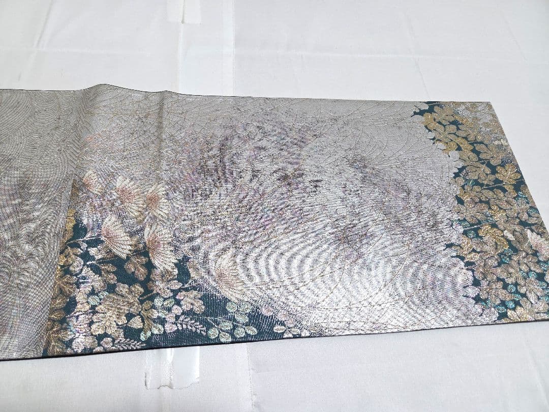 A◆着物くつろぎ 菊花模様 銀糸 青緑 引箔 六通 正絹 フォーマルな袋帯