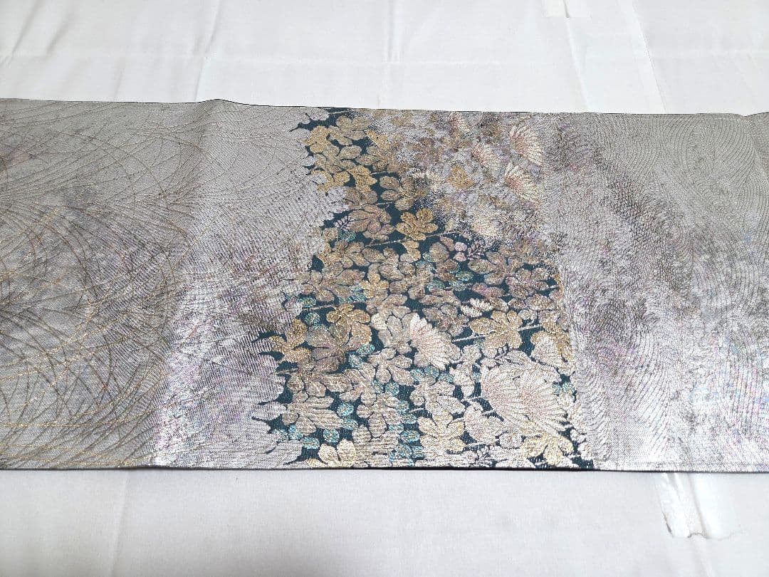 A◆着物くつろぎ 菊花模様 銀糸 青緑 引箔 六通 正絹 フォーマルな袋帯