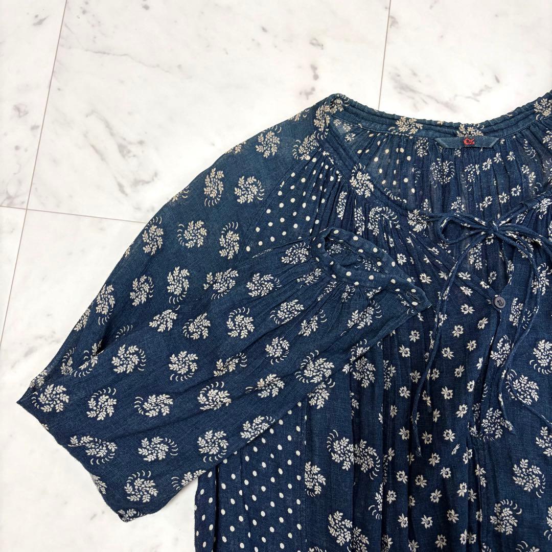 45R インディゴ 小花柄 ドット パッチワークチュニック ブラウス サイズ3