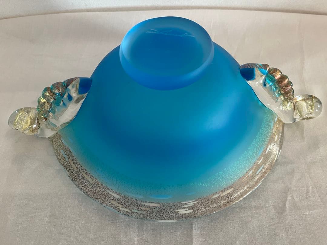 き*ば様 ガラス工芸 黒木国昭 金彩 オーシャンブルー 花器 鉢 器 硝子【CK