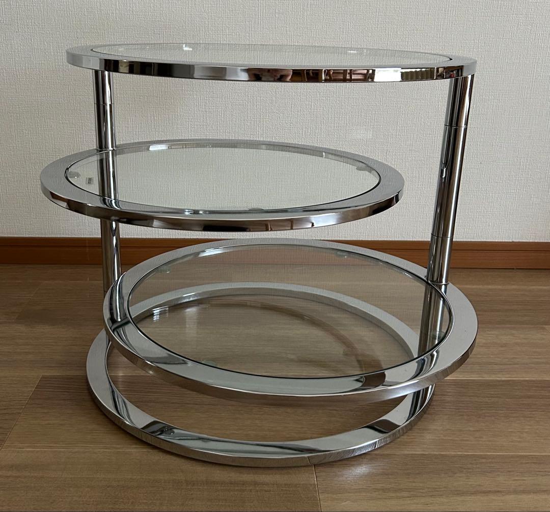 ミッドセンチュリー　北欧ラウンドテーブル3段ガラススライドテーブル☆たのメル便