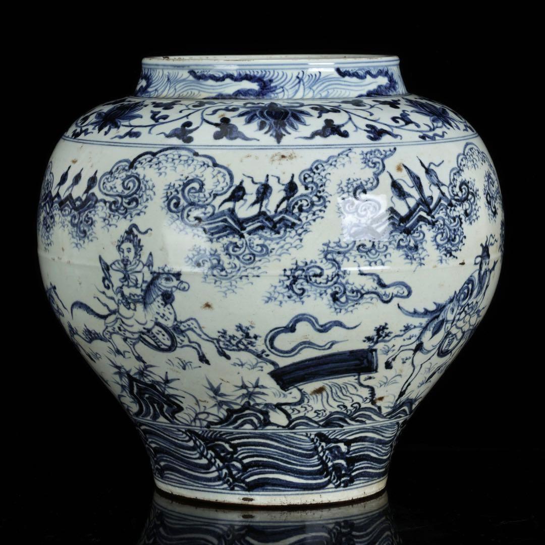 中国古玩 青花 染付 人物騎馬図 大壺30㎝ 飾壺 唐物 時代物 古美術 骨董品