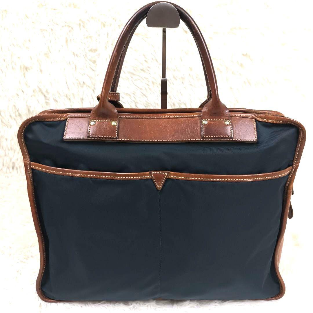 ✨美品✨ フェリージ ブリーフケース 1層 A4可 レザー ナイロン 紺茶