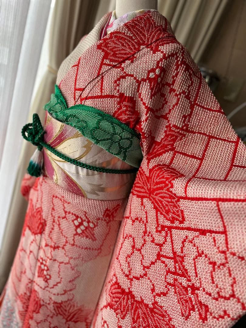 여 振袖フルセット 総絞り 赤×アイボリー