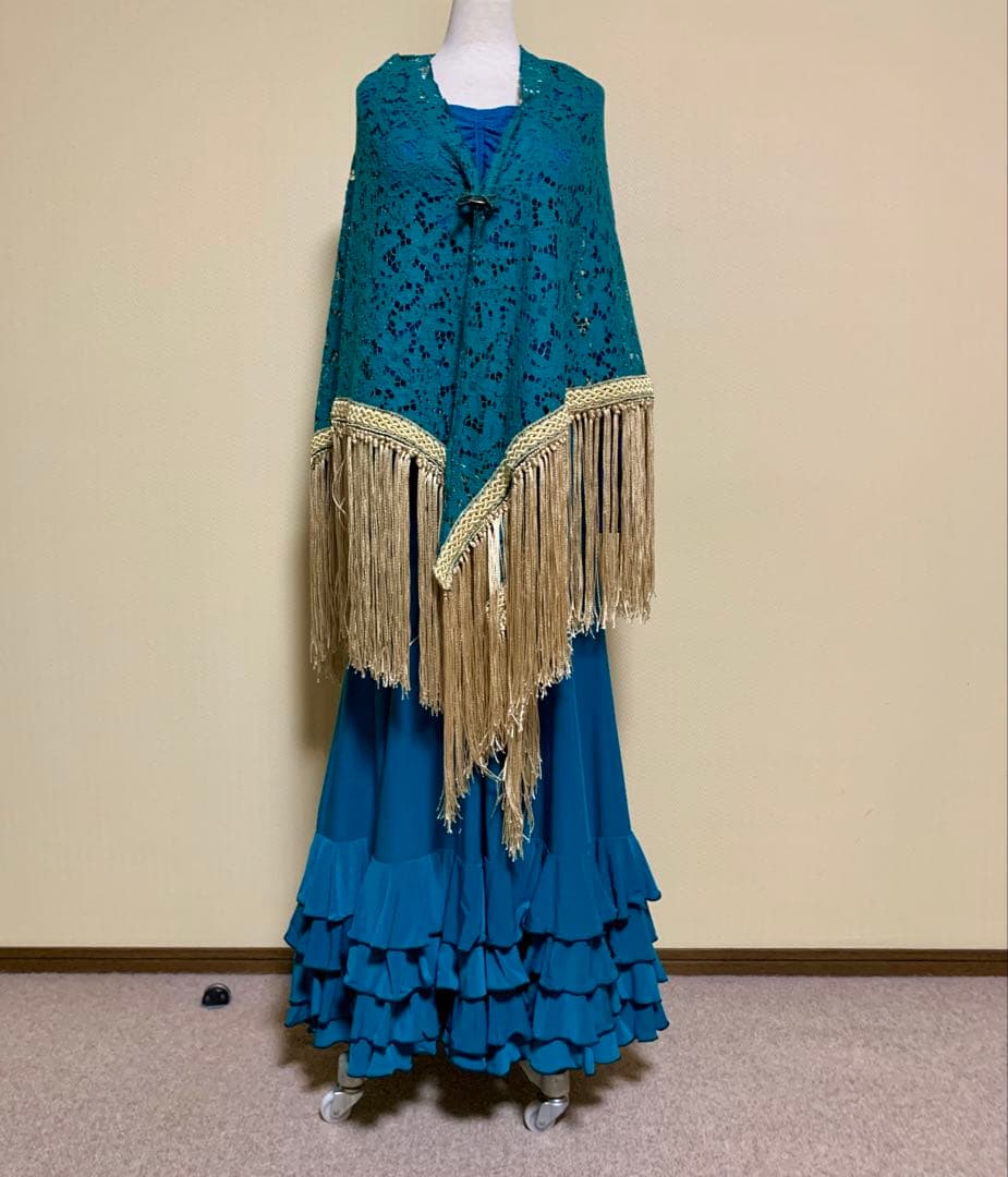 フラメンコ衣装ソニアジョーンズファルダ➕フリルブラウス上下　ターコイズ