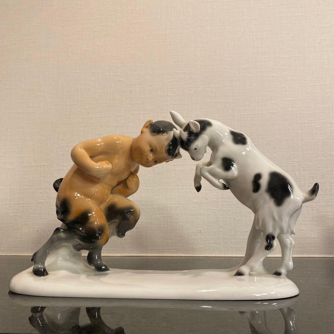 【一点物♡】「Gustafsson」と刻印　雄ヤギと角をぶつけ合う牧神の彫刻