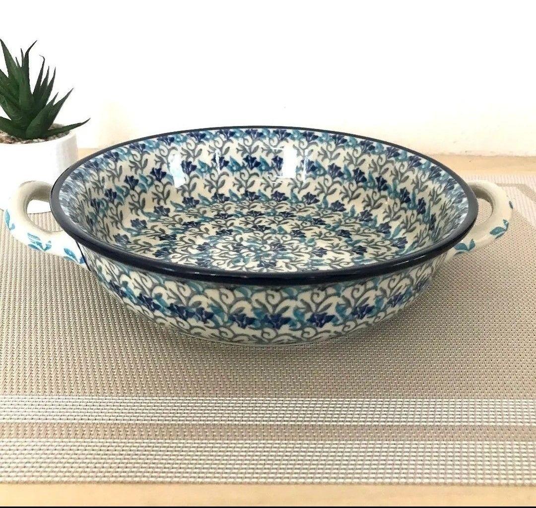 新品　ポーランド食器　取っ手付きボウル　ツェラミカ　水色と青色のお花の総柄