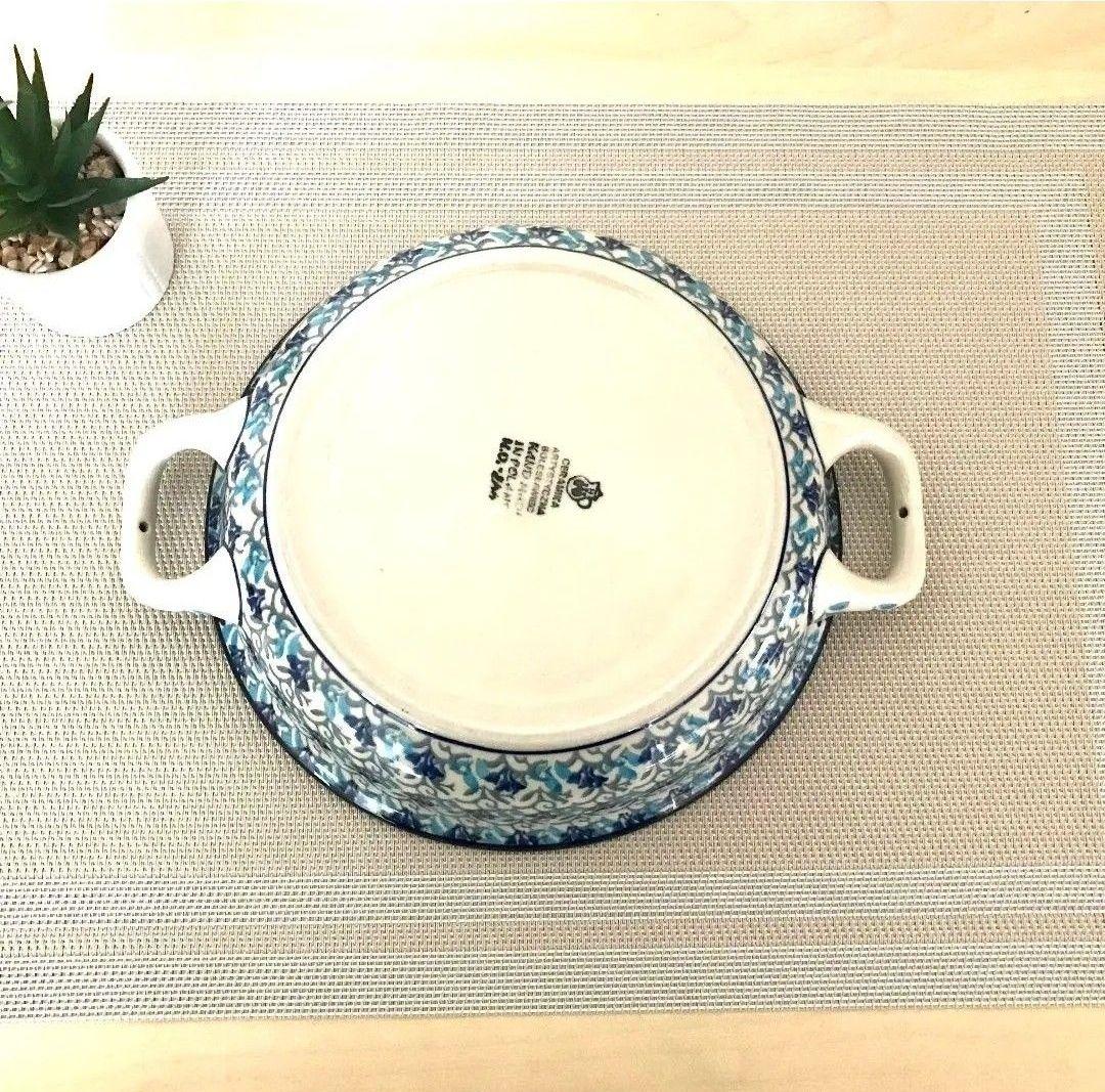 新品　ポーランド食器　取っ手付きボウル　ツェラミカ　水色と青色のお花の総柄
