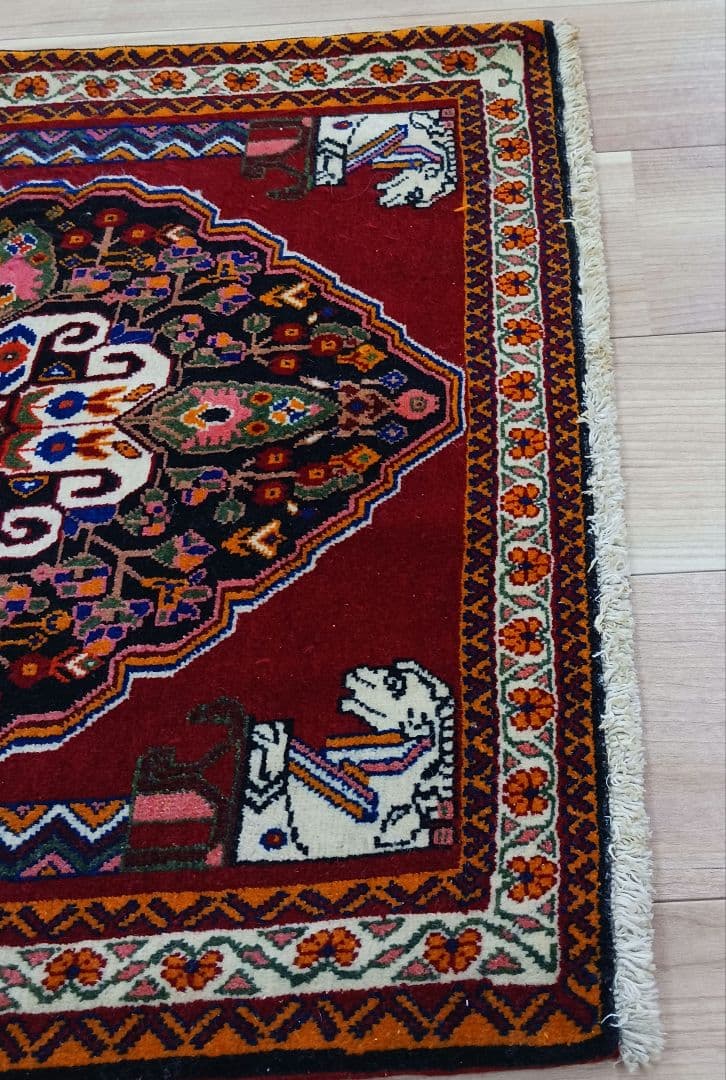 Y3061 ペルシャ絨毯 カシュガイ ウール 手織り 62×64㎝