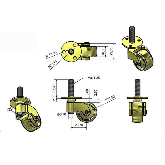 12個セットブラス（真鍮)キャスター 1-1/4” マシンスクリュー（機械ネジ）