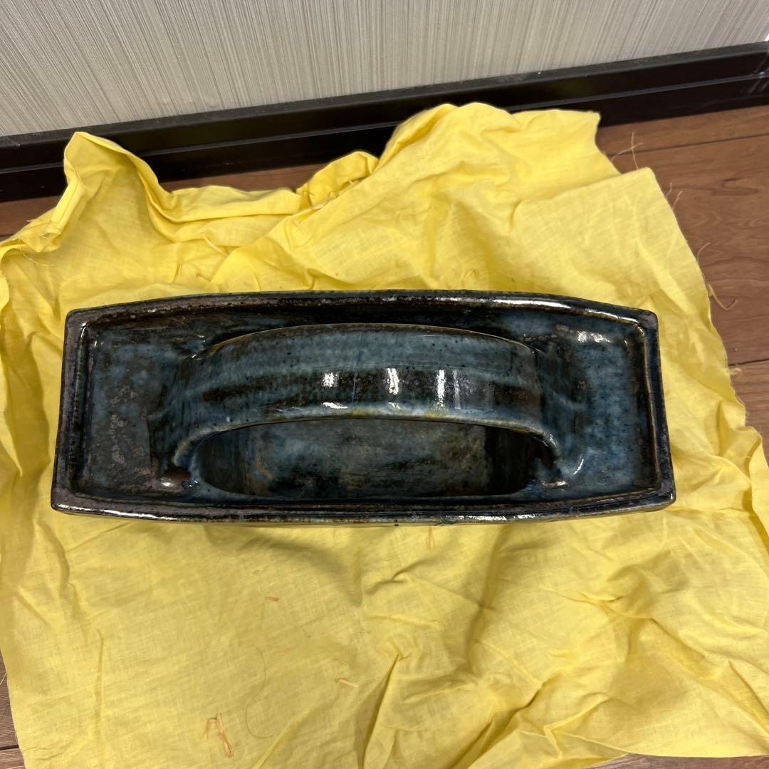 青色陶器 花器 持ち手付き