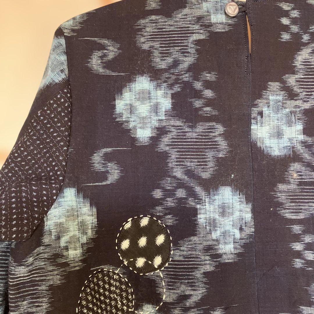 絣リメイク　　Mサイズ刺し子＆アップリケ　シンプルワンピース　ギャザースカート