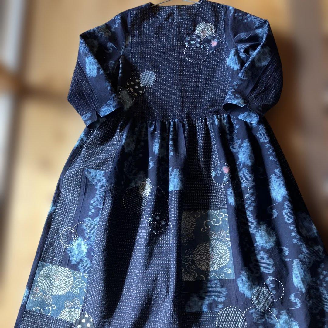 絣リメイク　　Mサイズ刺し子＆アップリケ　シンプルワンピース　ギャザースカート