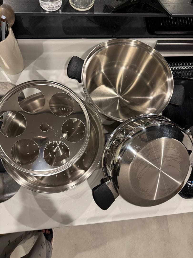 6L鍋！ひと鍋で一度に3種調理！ステンレス 二重鍋 蒸し器付き