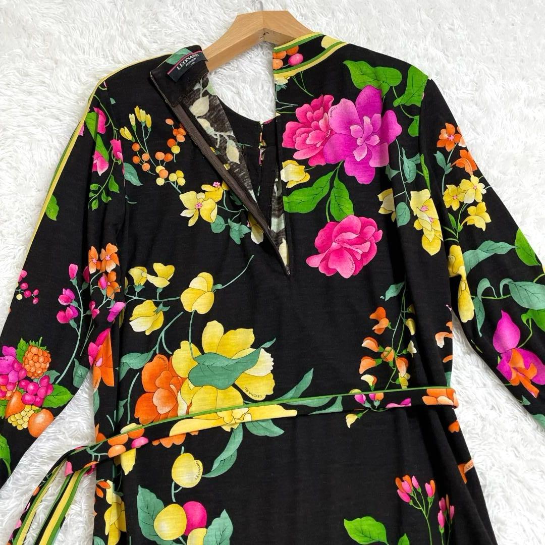 レオナール ロングワンピース 花柄 トリム ベルト付き 長袖ミディドレス L