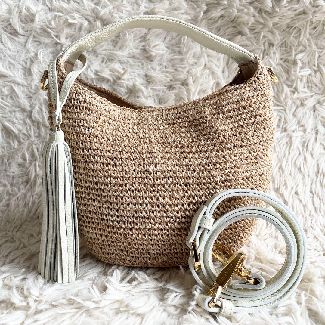 未使用級 ヴィオラドーロ 2WAYワンショルダーバッグ かごバッグ タッセル 白