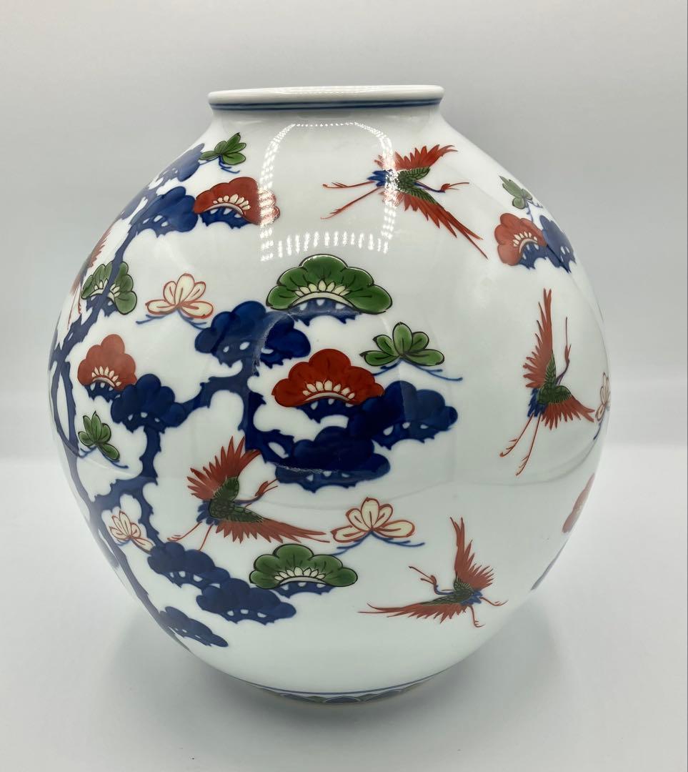 ◯ 有田焼 源右衛門窯 「染錦松鶴花瓶」