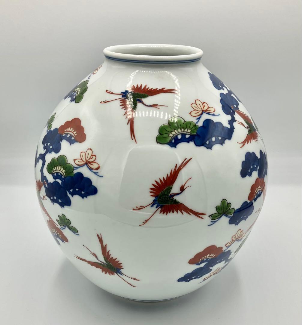 ◯ 有田焼 源右衛門窯 「染錦松鶴花瓶」