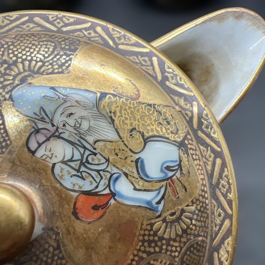 明治時代　金彩山水人物画九谷焼煎茶器セット　宝瓶１点　湯呑み３点まとめて煎茶道具