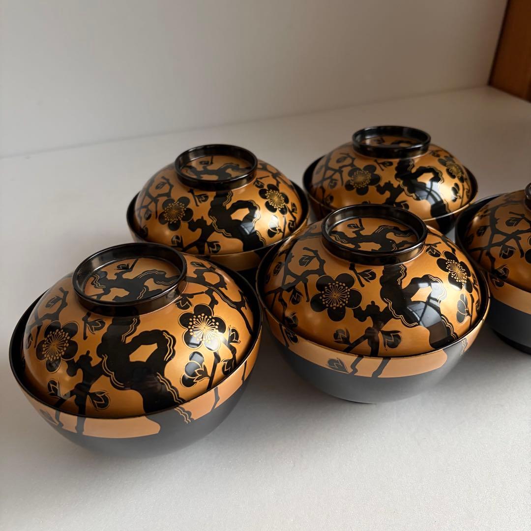 木製漆器　金蒔絵吸物椀五客　お椀　蓋付き椀　雑煮椀　お雑煮椀