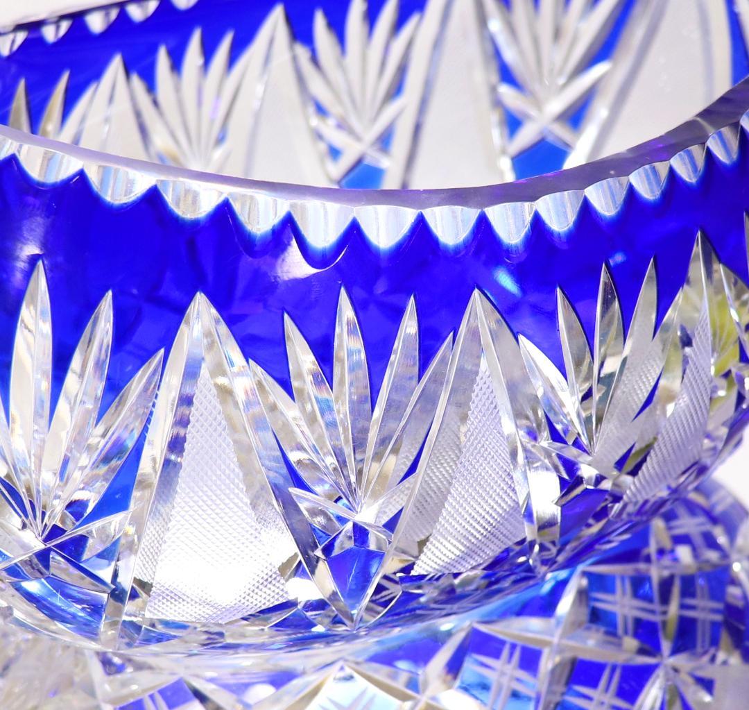 オールド・バカラ 1890年頃 特大青色被せ装飾切子ガラス鉢 26cm1.8kg