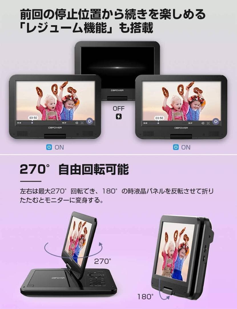 10.5インチポータブルDVDプレーヤー 大容量充電式5時間再生