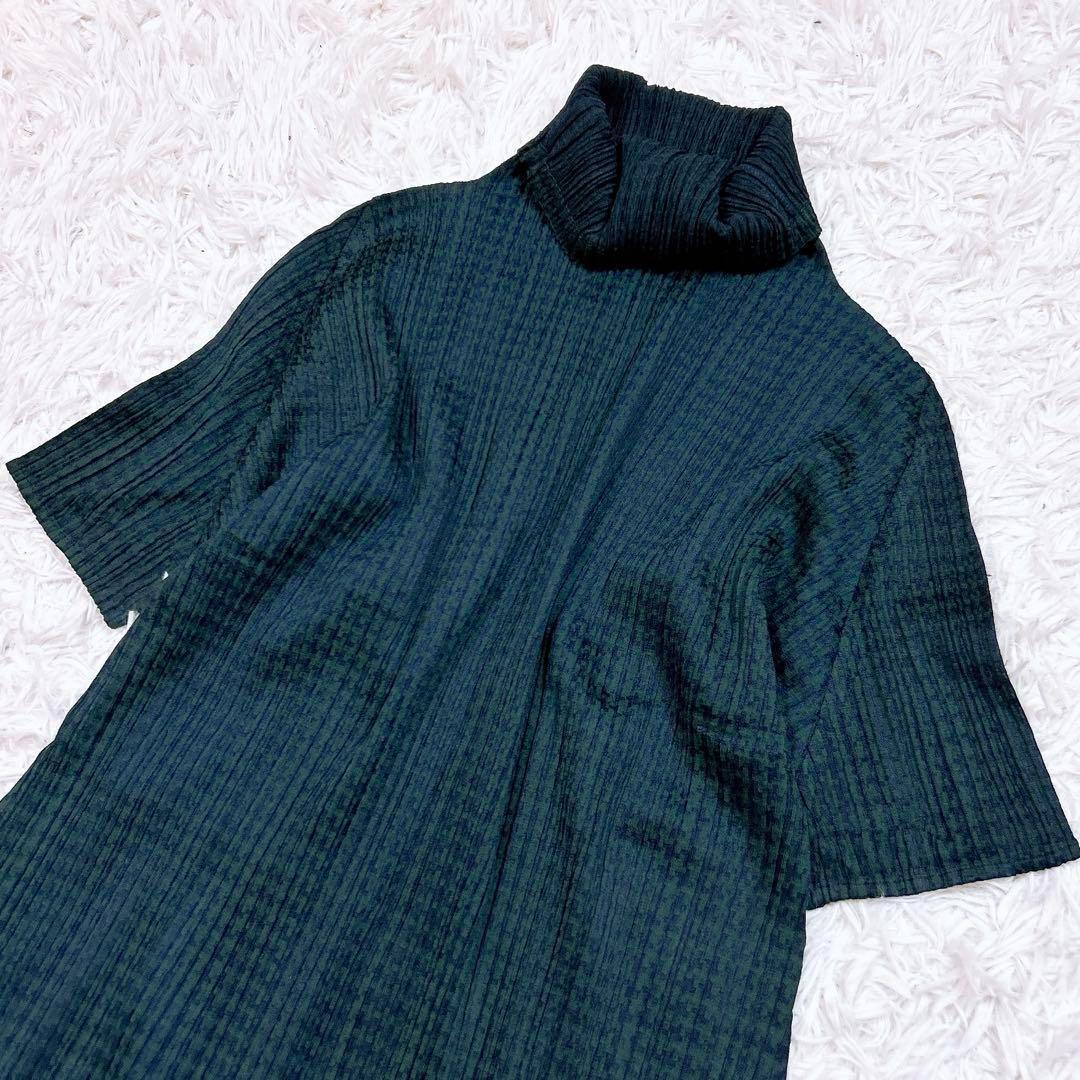 PLEATS PLEASE ワンピース 総柄　ハイネック グリーン　サイズ3