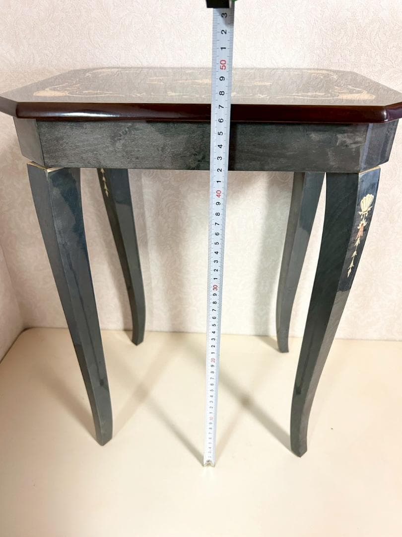 【状態良好】サイドテーブル オルゴール内蔵 猫脚 花柄インレイ 木製テーブル