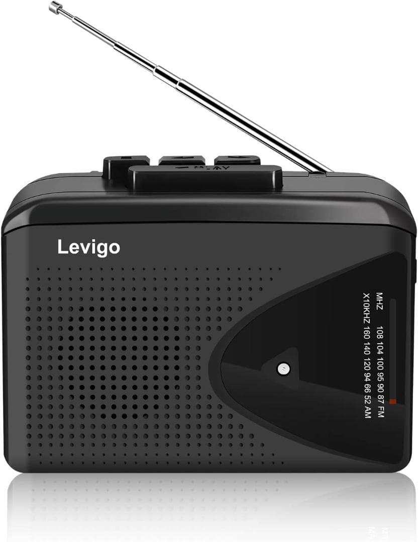 ポータブルカセットプレーヤー＆AM/FMラジオ、軽量、USBケーブル付き、黒色