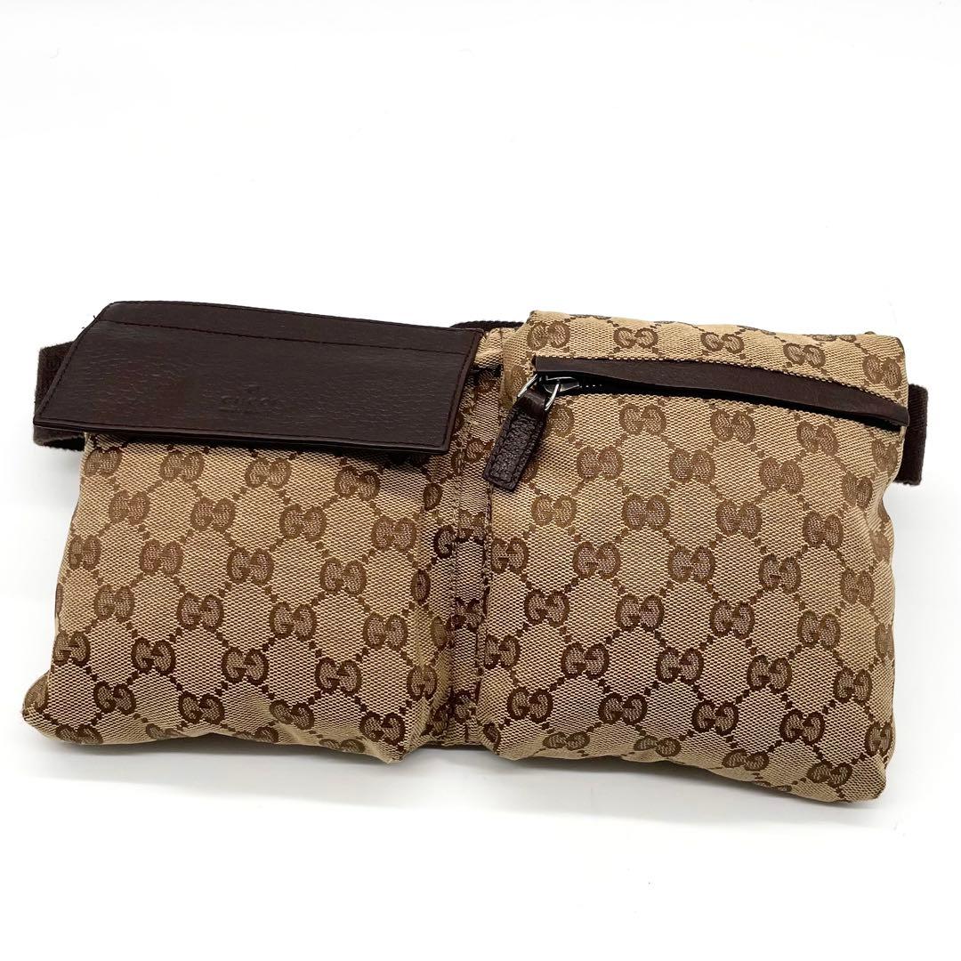 極美品✨グッチ ボディバッグ GG キャンバス レザー ウエストバッグ ブラウン