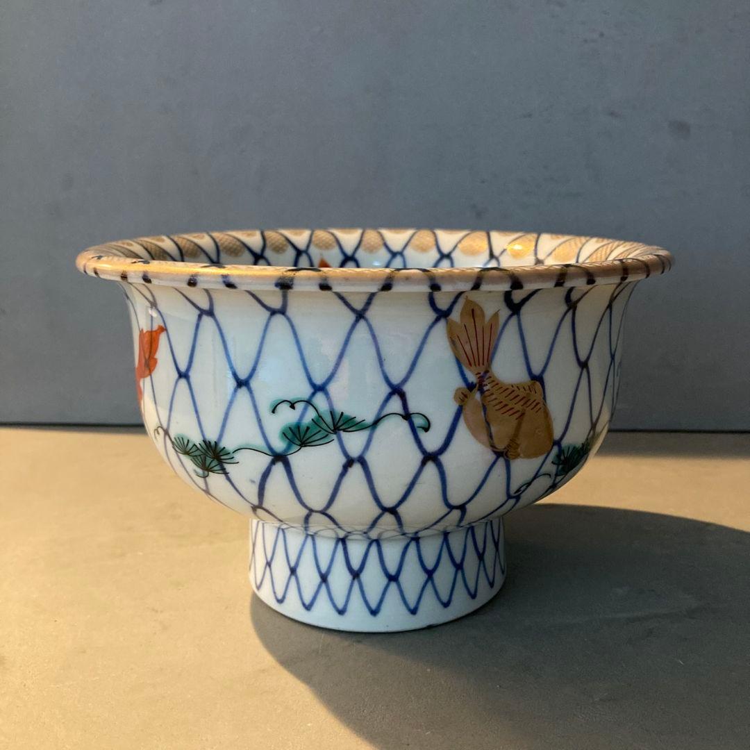 【貴重】古伊万里　染付色絵鉢　網目　金魚　金彩　茶碗　陶器　骨董品　江戸後期