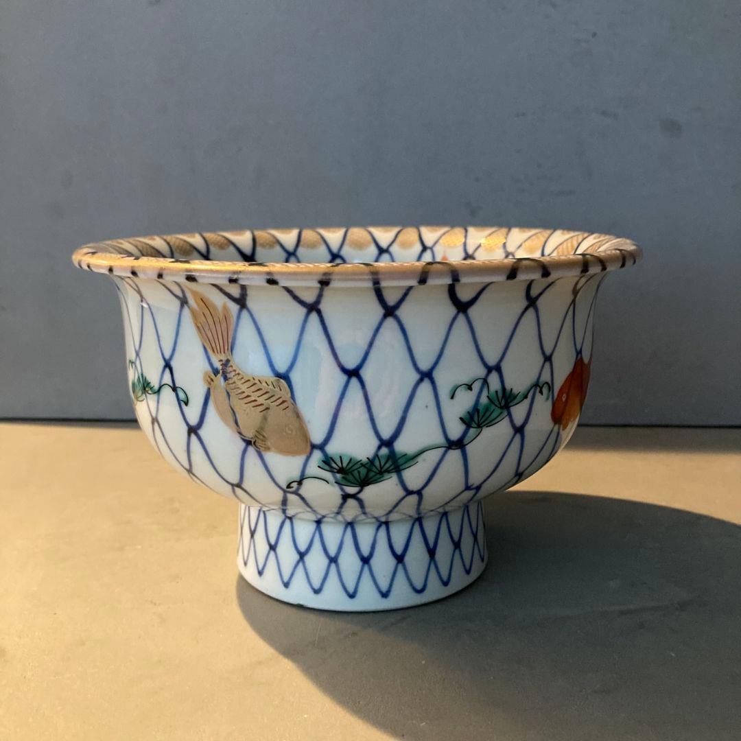 【貴重】古伊万里　染付色絵鉢　網目　金魚　金彩　茶碗　陶器　骨董品　江戸後期