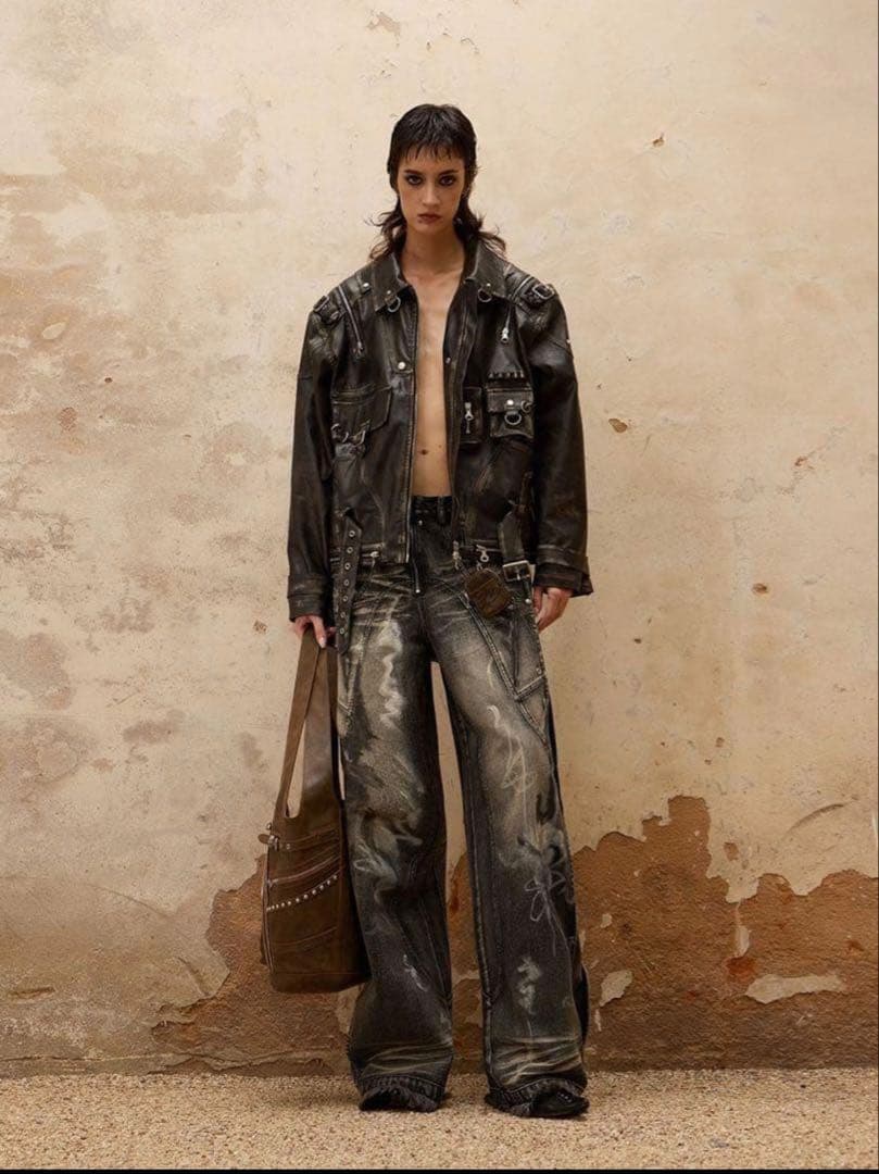 PERSONSOUL グラフィティ ワイドレッグ デニムパンツ